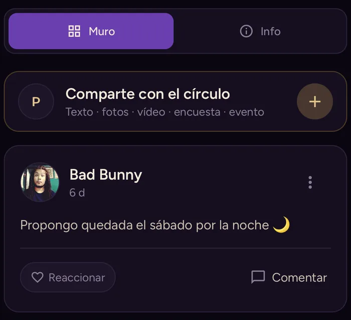 El muro de un círculo en la app, con el compositor para publicar texto, fotos, vídeo, encuestas o eventos, y una publicación con sus reacciones y comentarios.