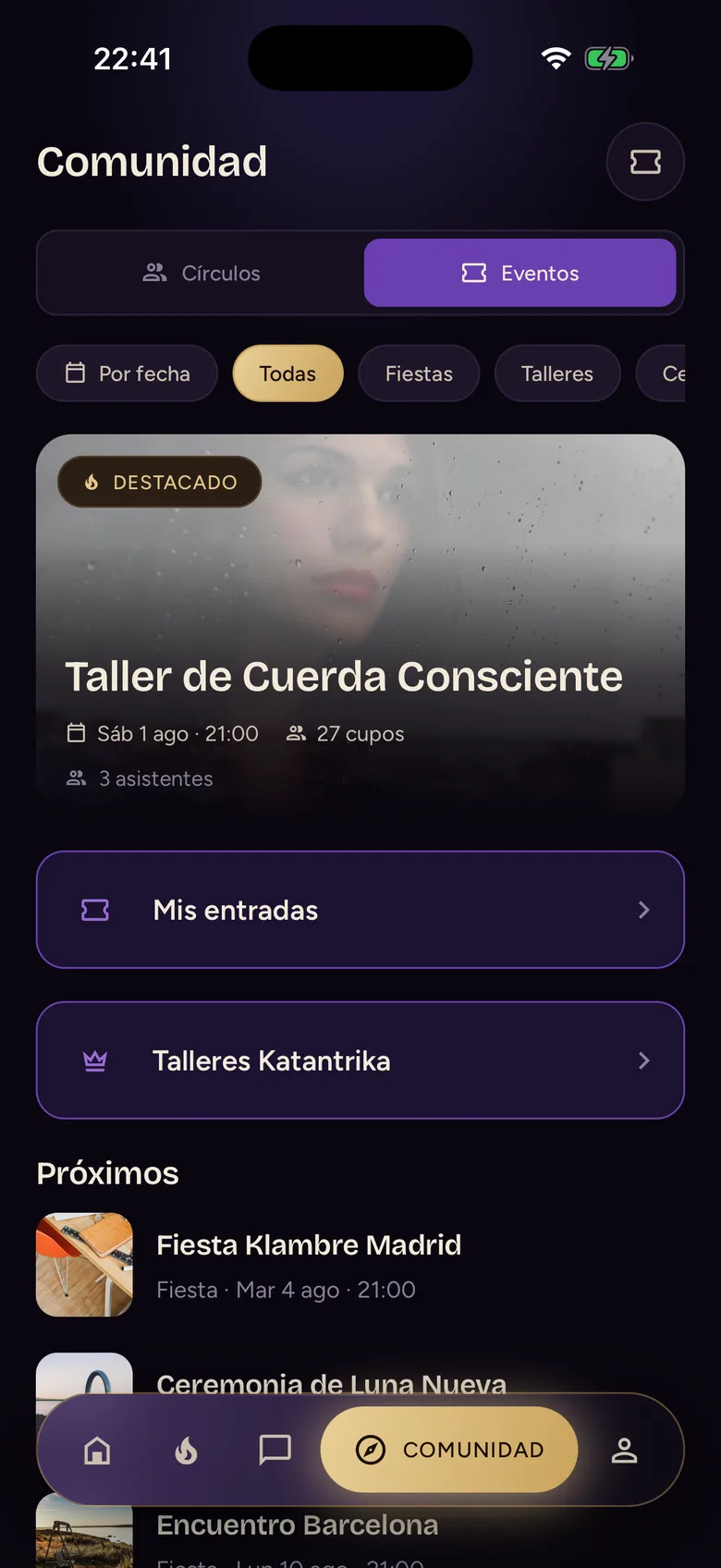 Pantalla de eventos de Klambre con los próximos encuentros, su tipo y el aforo disponible